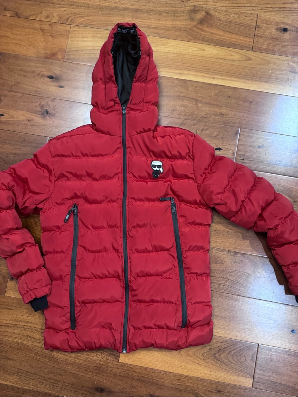Karl Lagerfeld Red Hooded Puffer Jacket with Icon Patch- size s